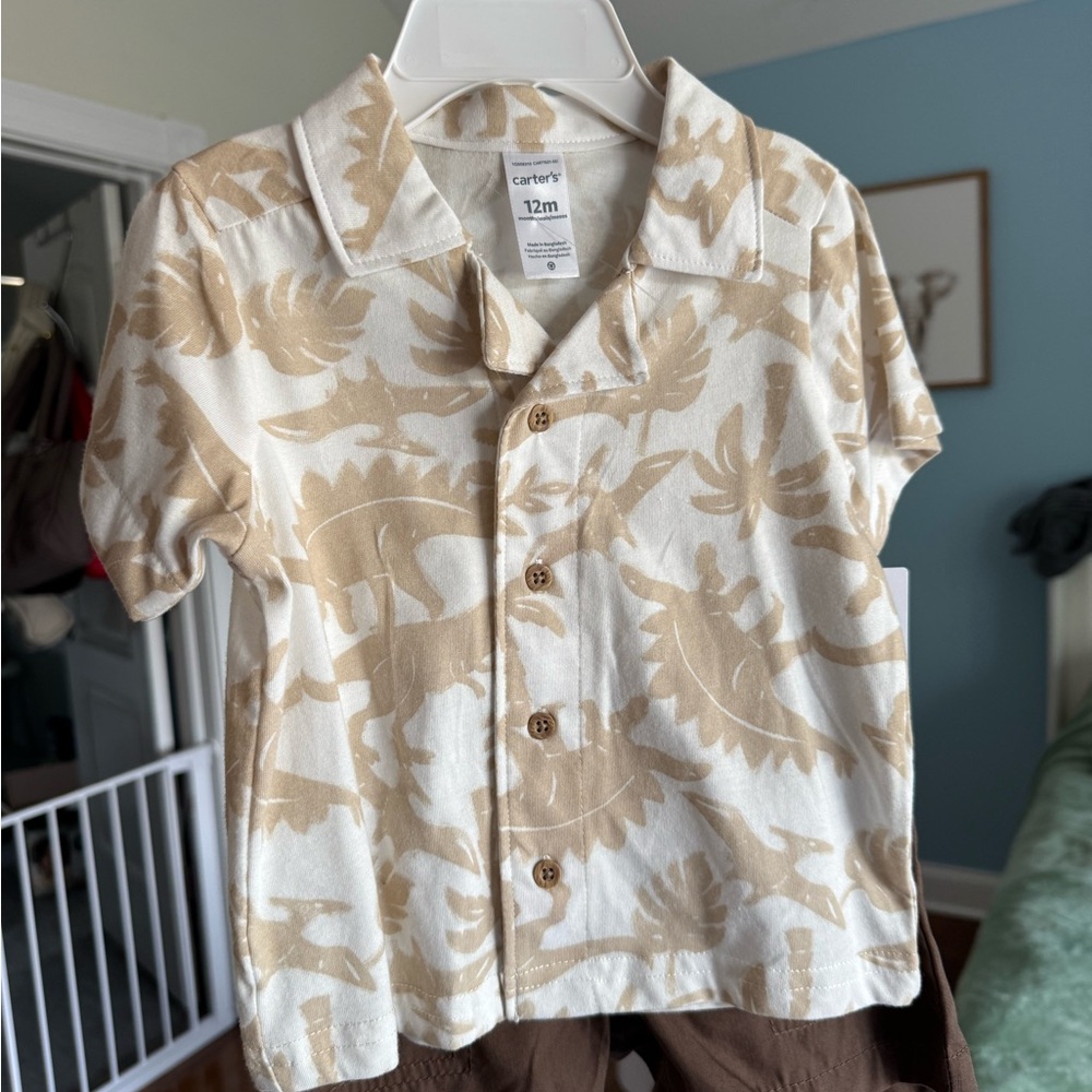 Carters Beige and White Dinosaur Shirt set